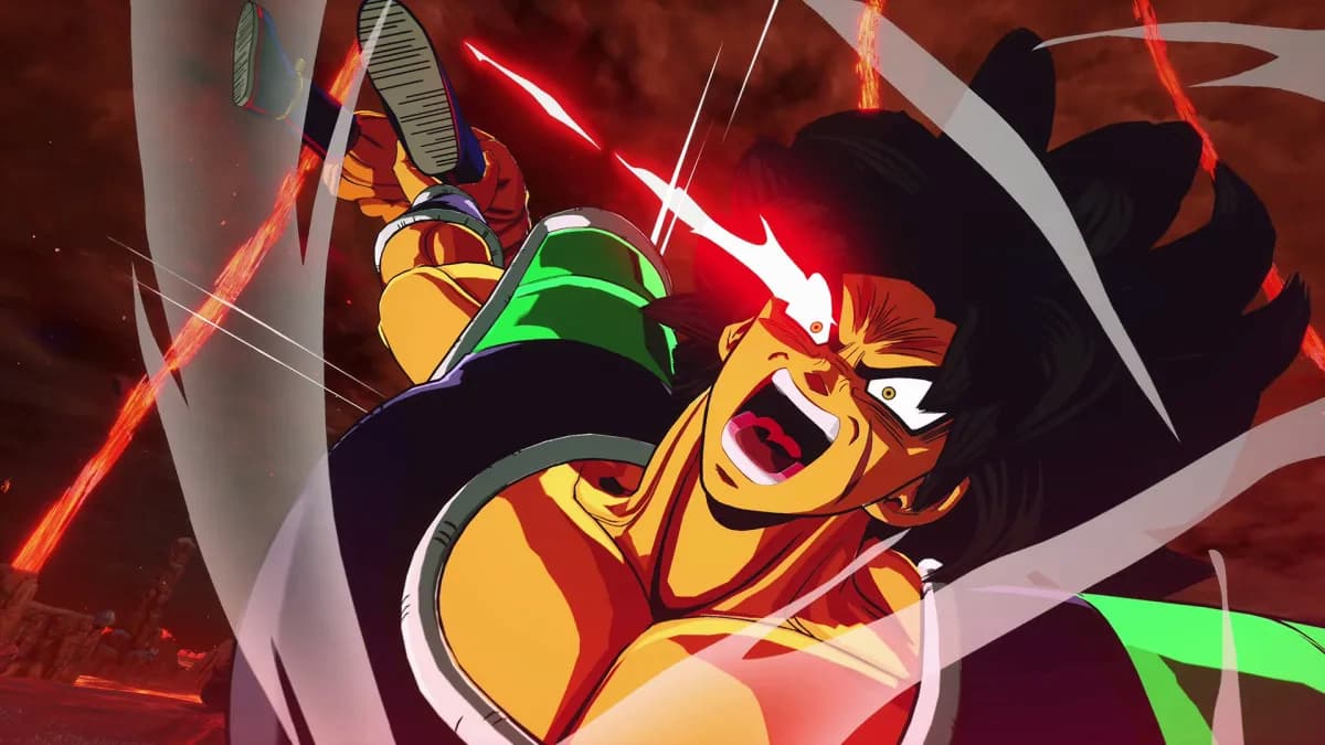 Broly unleashing a powerful attack with a fierce expression, surrounded by red energy.
