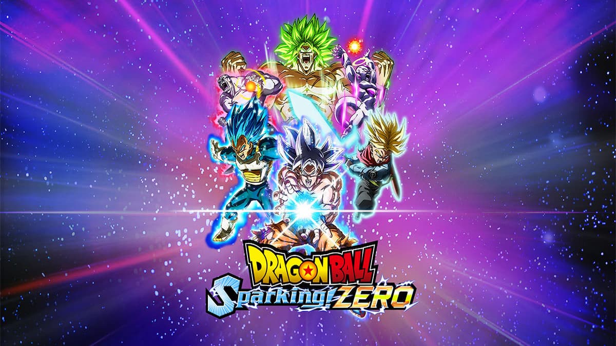 Five Dragon Ball characters in dynamic poses, including Super Saiyan forms, stand against a vibrant cosmic background with energy flares.